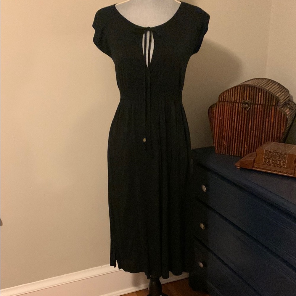 Lux Black Casual Midi Sundress with Cap Sleeves